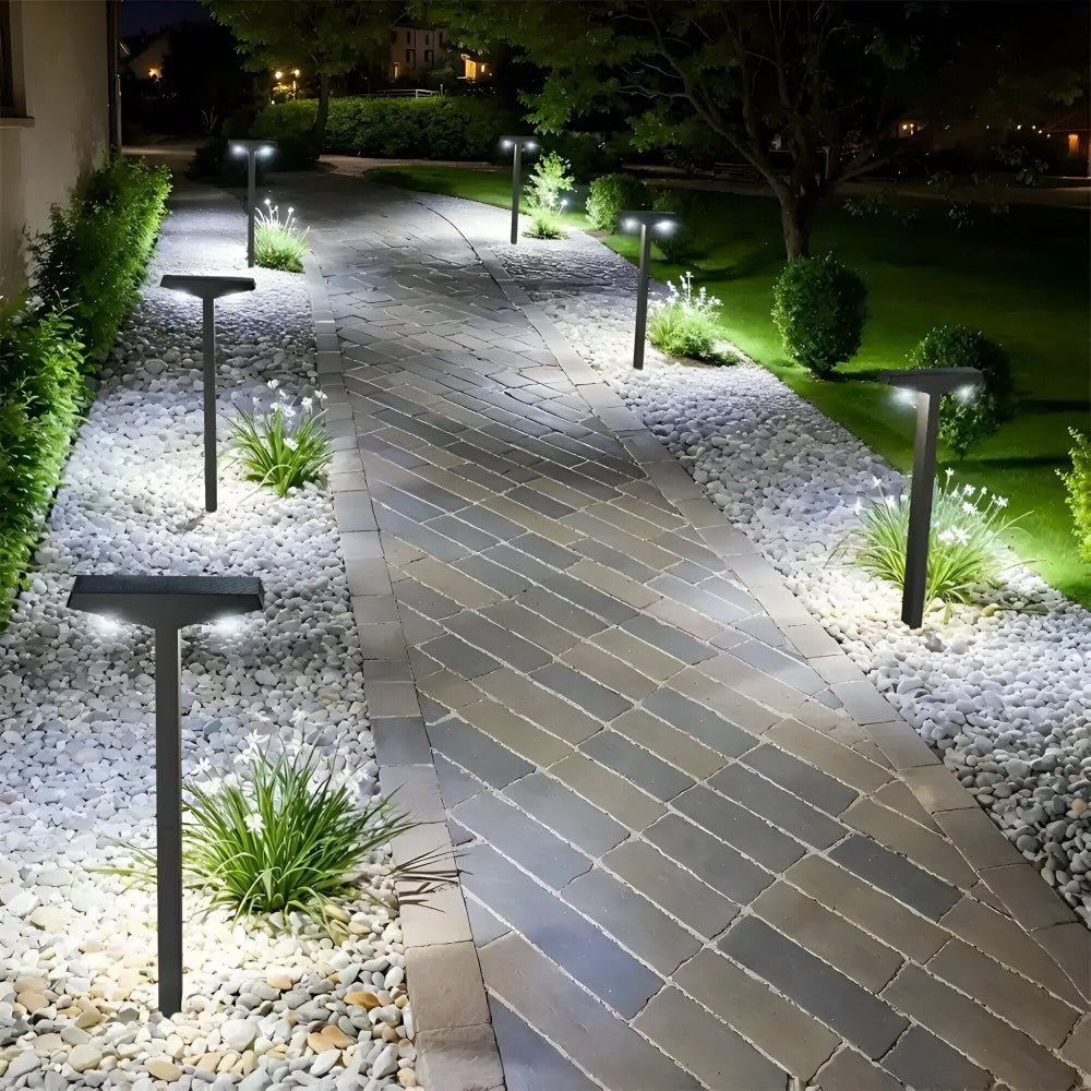 Solar garden lights set featuring a modern T-shaped design with dual LED lighting, weather-resistant construction, and solar-powered functionality, includes four pieces for outdoor illumination 1