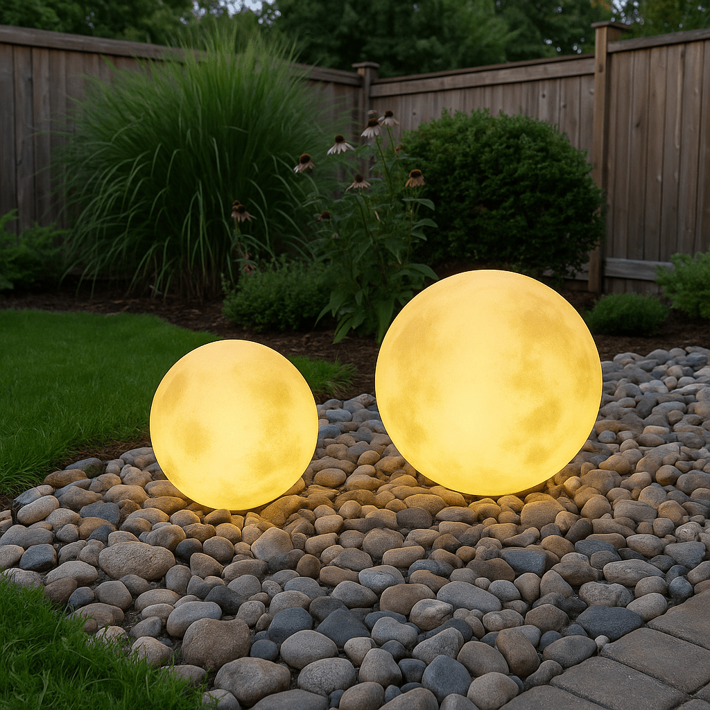 Solar garden lights featuring a unique LED moon design, perfect for eco-friendly outdoor lighting in paths and gardens. 0