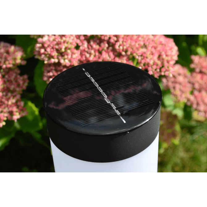 Solar garden lights with warm LED illumination in a sleek black design, perfect for outdoor pathway lighting; set of 2 enhances garden aesthetics and provides safety at 1