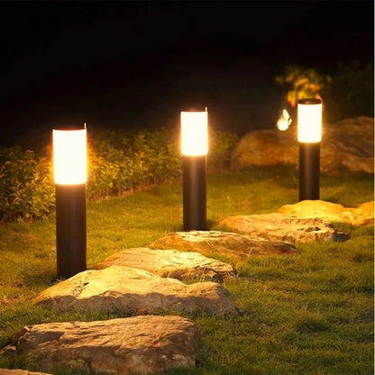 Solar garden lights with warm LED illumination in a sleek black design, perfect for outdoor pathway lighting; set of 2 enhances garden aesthetics and provides safety at 0