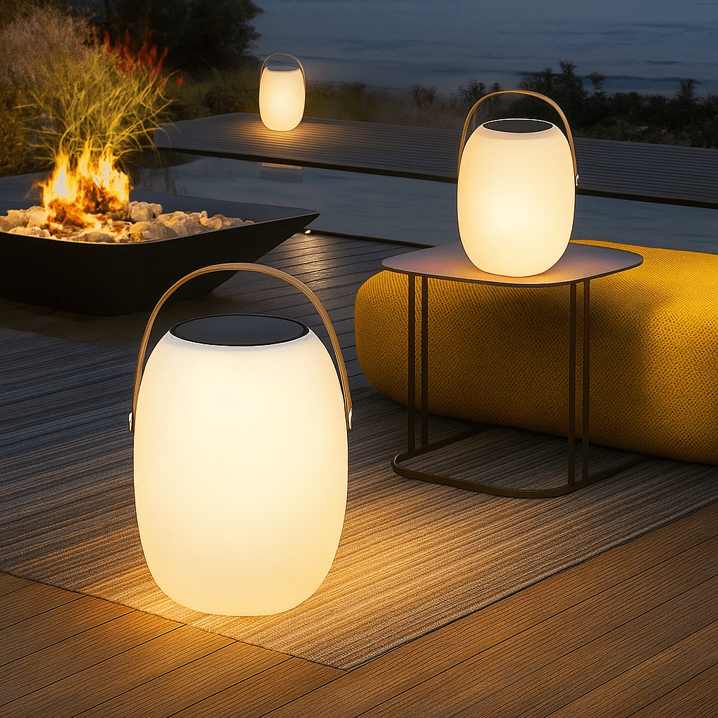 Solar garden lights featuring a warm LED glow, designed for portable and eco-friendly outdoor patio lighting, illuminating gardens and pathways with a soft, inviting ambiance. 1