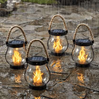 Solar hanging lantern with flame effect, designed for outdoor use, waterproof construction, perfect for enhancing garden ambiance at night. 1