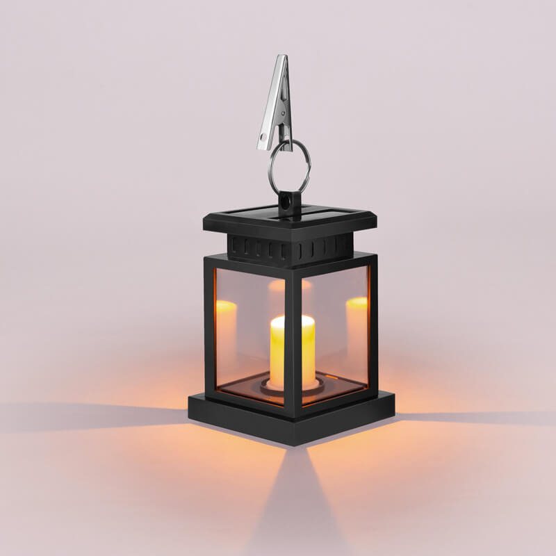 Solar hanging lantern featuring a realistic LED candle effect, perfect for adding a classic touch to outdoor spaces while providing eco-friendly illumination. 8