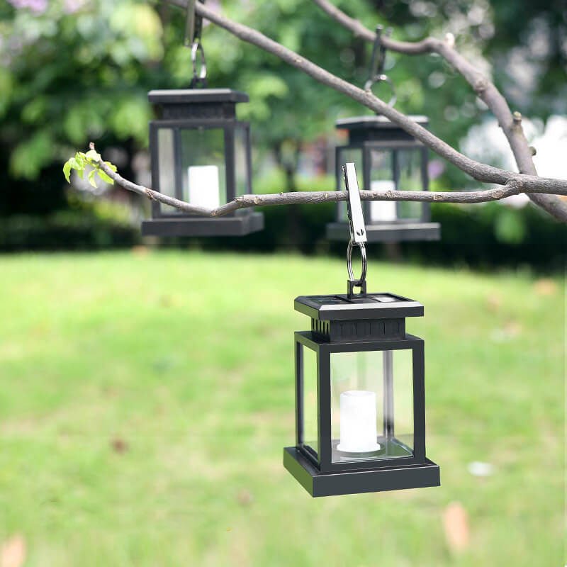 Solar hanging lantern featuring a realistic LED candle effect, perfect for adding a classic touch to outdoor spaces while providing eco-friendly illumination. 6