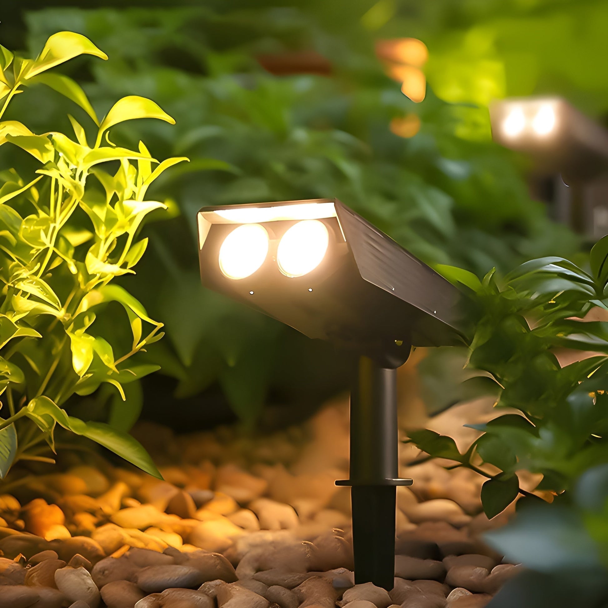 Solar LED garden spot lamp with adjustable beam, designed for wireless outdoor lighting in gardens and pathways, showcasing a sleek design and energy-efficient illumination. 7
