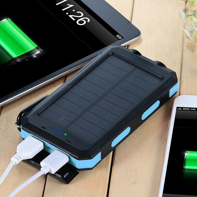 Solar Power Bank 20000mAh featuring dual USB ports and a waterproof design, ideal for charging phones and tablets on-the-go. 1