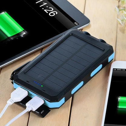 Solar Power Bank 20000mAh featuring dual USB ports and a waterproof design, ideal for charging phones and tablets on-the-go. 1