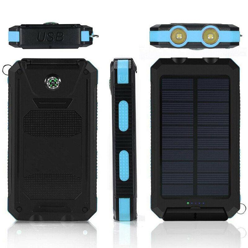 Solar Power Bank 20000mAh featuring dual USB ports and a waterproof design, ideal for charging phones and tablets on-the-go. 9