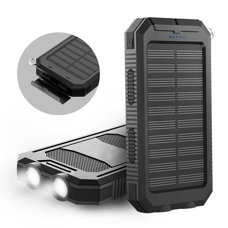 Solar Power Bank 20000mAh featuring dual USB ports and a waterproof design, ideal for charging phones and tablets on-the-go. 0