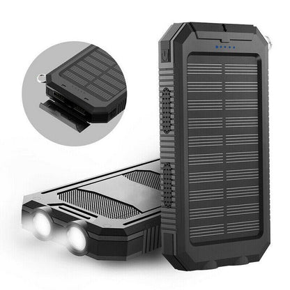 Solar Power Bank 20000mAh featuring dual USB ports and a waterproof design, ideal for charging phones and tablets on-the-go. 0