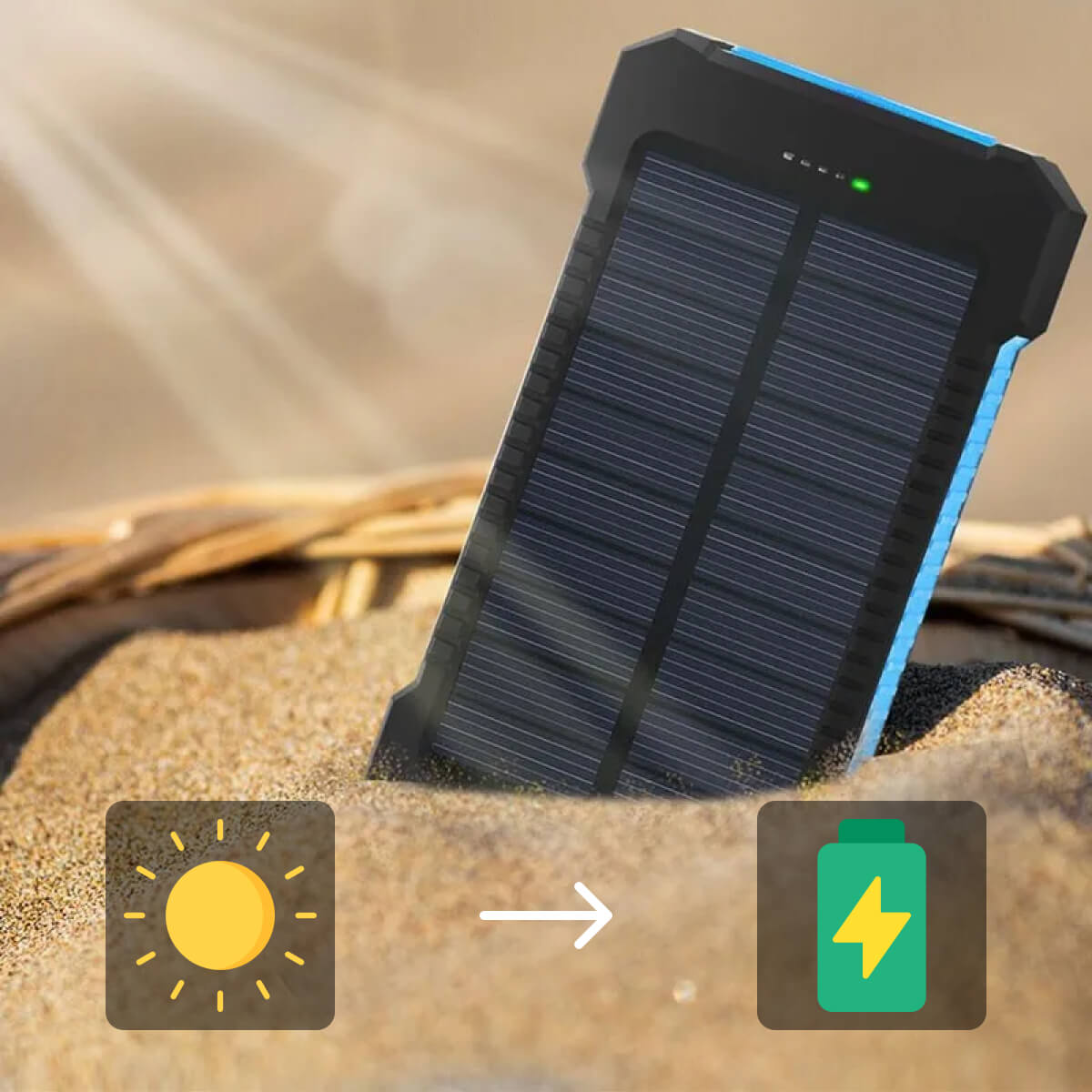 Solar Power Bank 20000mAh featuring dual USB ports and a waterproof design, ideal for charging phones and tablets on-the-go. 6