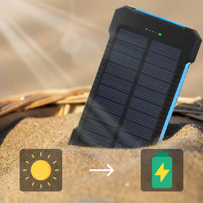 Solar Power Bank 20000mAh featuring dual USB ports and a waterproof design, ideal for charging phones and tablets on-the-go. 6