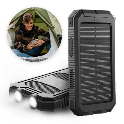 Solar Power Bank 20000mAh featuring dual USB ports and a waterproof design, ideal for charging phones and tablets on-the-go. 4