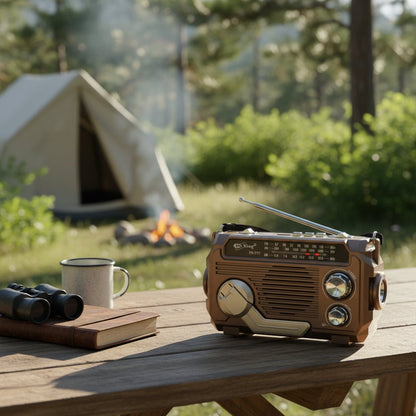 Solar-powered emergency radio with hand crank and Bluetooth, featuring a compact design and built-in flashlight for multi-function use during emergencies and outdoor activities. 8