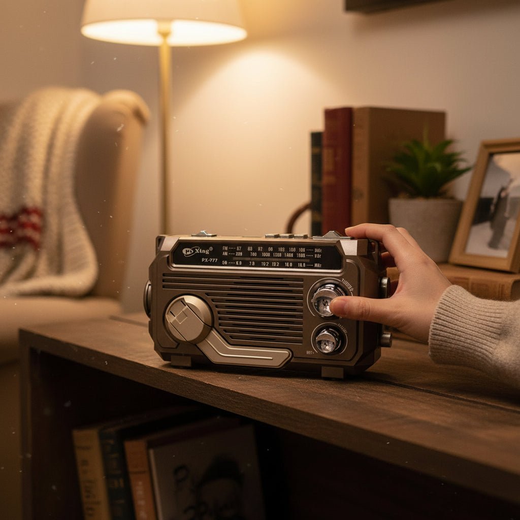 Solar-powered emergency radio with hand crank and Bluetooth, featuring a compact design and built-in flashlight for multi-function use during emergencies and outdoor activities. 5
