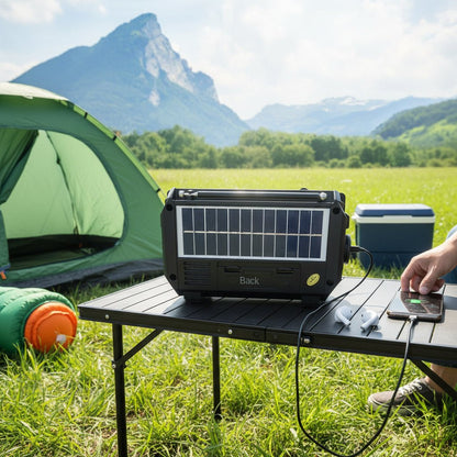 Solar-powered emergency radio with hand crank and Bluetooth, featuring a compact design and built-in flashlight for multi-function use during emergencies and outdoor activities. 7