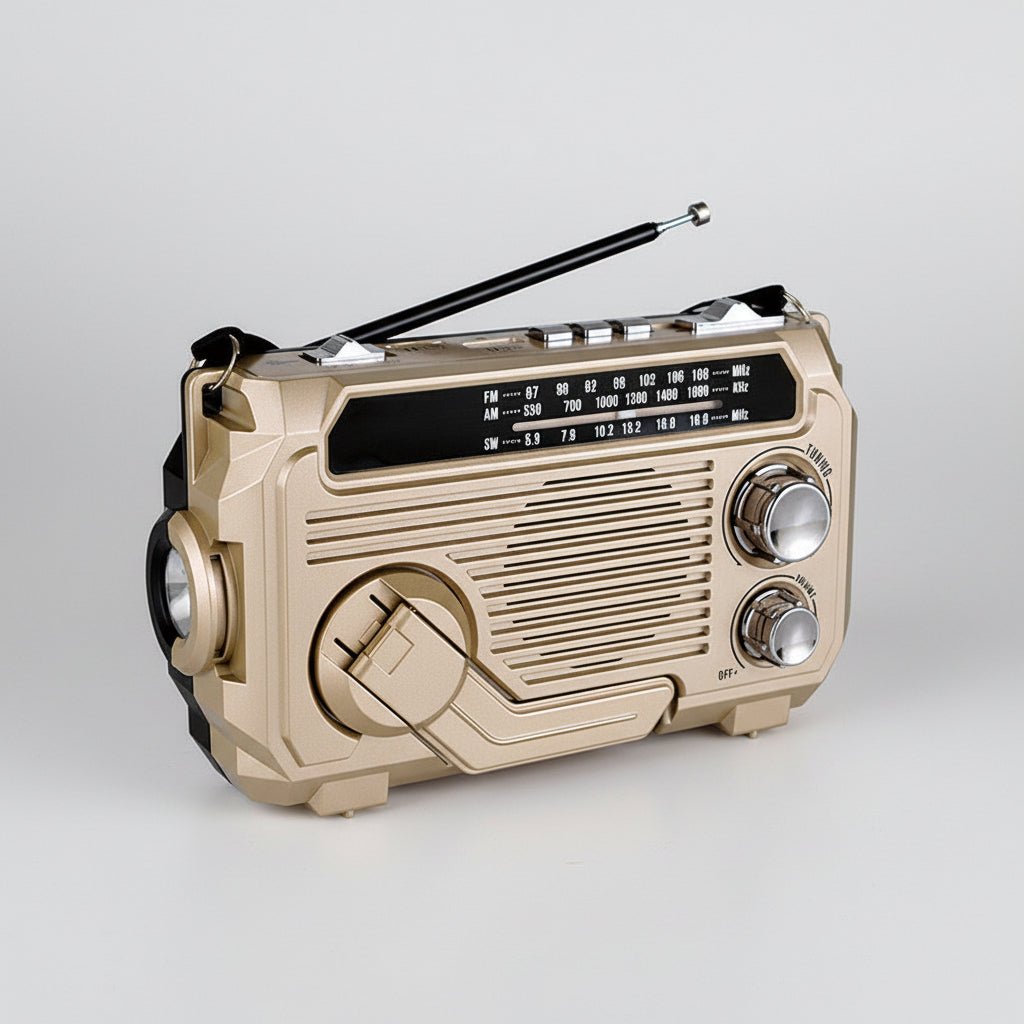 Solar-powered emergency radio with hand crank and Bluetooth, featuring a compact design and built-in flashlight for multi-function use during emergencies and outdoor activities. 2