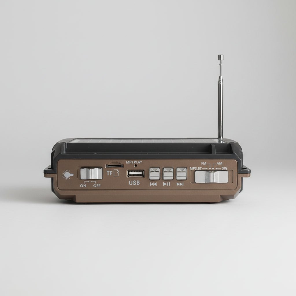 Solar-powered emergency radio with hand crank and Bluetooth, featuring a compact design and built-in flashlight for multi-function use during emergencies and outdoor activities. 4