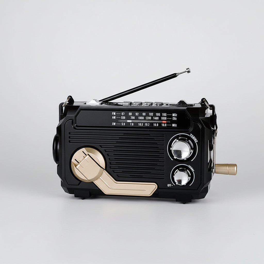 Solar-powered emergency radio with hand crank and Bluetooth, featuring a compact design and built-in flashlight for multi-function use during emergencies and outdoor activities. 6