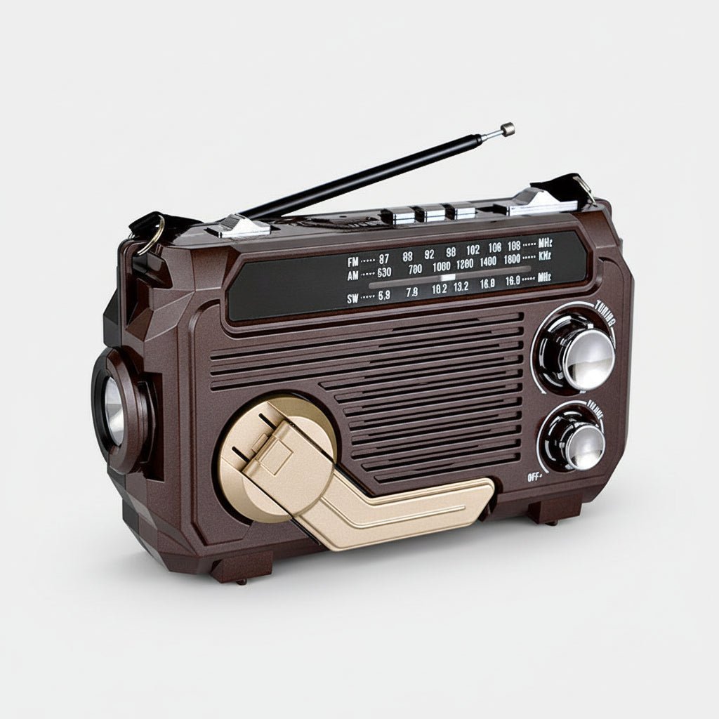 Solar-powered emergency radio with hand crank and Bluetooth, featuring a compact design and built-in flashlight for multi-function use during emergencies and outdoor activities. 1
