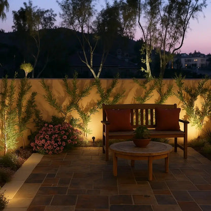 Solar powered spot lights featuring adjustable focus, available in warm white and multicolor options, ideal for outdoor accent lighting in gardens and patios. 3