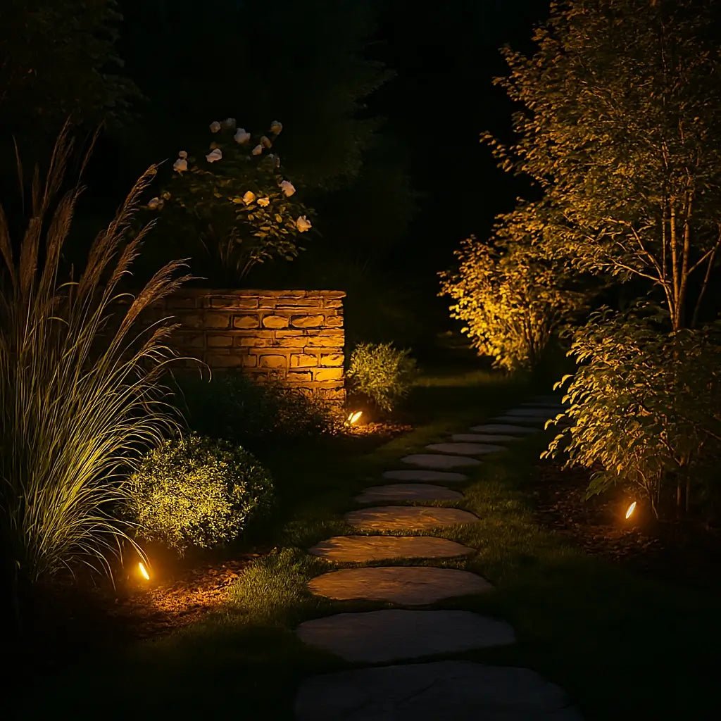 Solar powered spot lights featuring adjustable focus, available in warm white and multicolor options, ideal for outdoor accent lighting in gardens and patios. 1