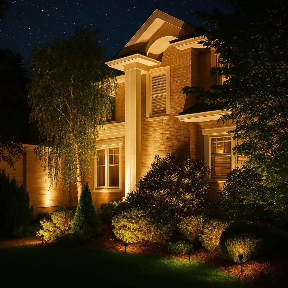 Solar powered spot lights featuring adjustable focus, available in warm white and multicolor options, ideal for outdoor accent lighting in gardens and patios. 5