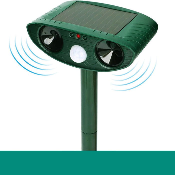 Solar-powered ultrasonic cat deterrent with motion sensor, designed for eco-friendly pest control in gardens and yards, showcasing a sleek design and effective animal repelling 2