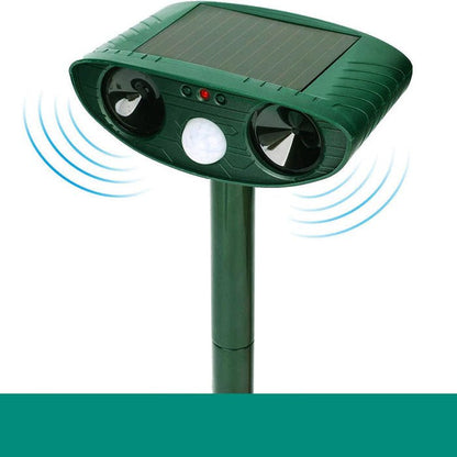 Solar-powered ultrasonic cat deterrent with motion sensor, designed for eco-friendly pest control in gardens and yards, showcasing a sleek design and effective animal repelling 2