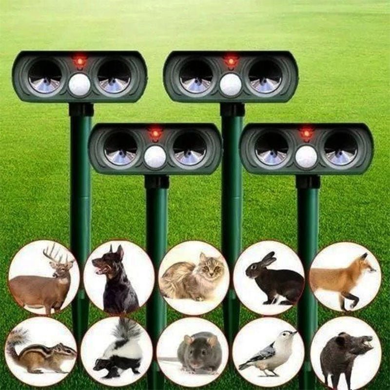 Solar-powered ultrasonic cat deterrent with motion sensor, designed for eco-friendly pest control in gardens and yards, showcasing a sleek design and effective animal repelling 0