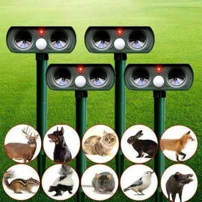 Solar-powered ultrasonic cat deterrent with motion sensor, designed for eco-friendly pest control in gardens and yards, showcasing a sleek design and effective animal repelling 0
