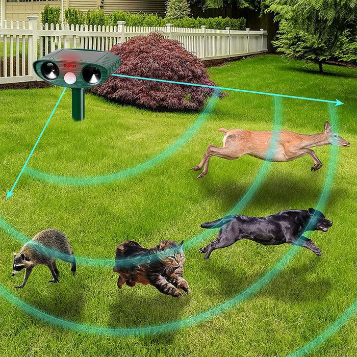 Solar-powered ultrasonic cat deterrent with motion sensor, designed for eco-friendly pest control in gardens and yards, showcasing a sleek design and effective animal repelling 7