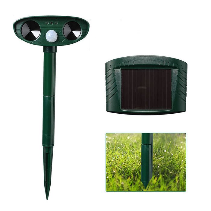 Solar-powered ultrasonic cat deterrent with motion sensor, designed for eco-friendly pest control in gardens and yards, showcasing a sleek design and effective animal repelling 1
