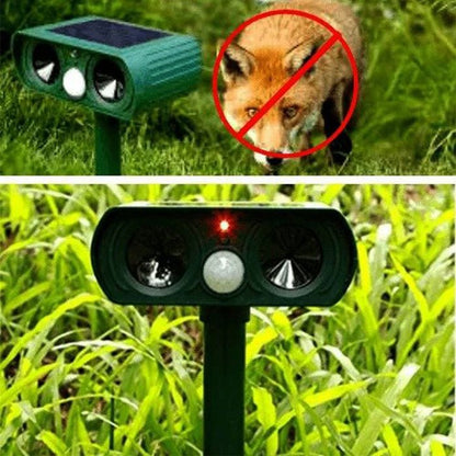 Solar-powered ultrasonic cat deterrent with motion sensor, designed for eco-friendly pest control in gardens and yards, showcasing a sleek design and effective animal repelling 3