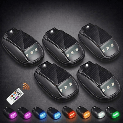 Solar rock lights for trucks featuring wireless remote control, designed for eco-friendly adhesive installation, illuminating outdoor adventures with vibrant LED lighting. 8
