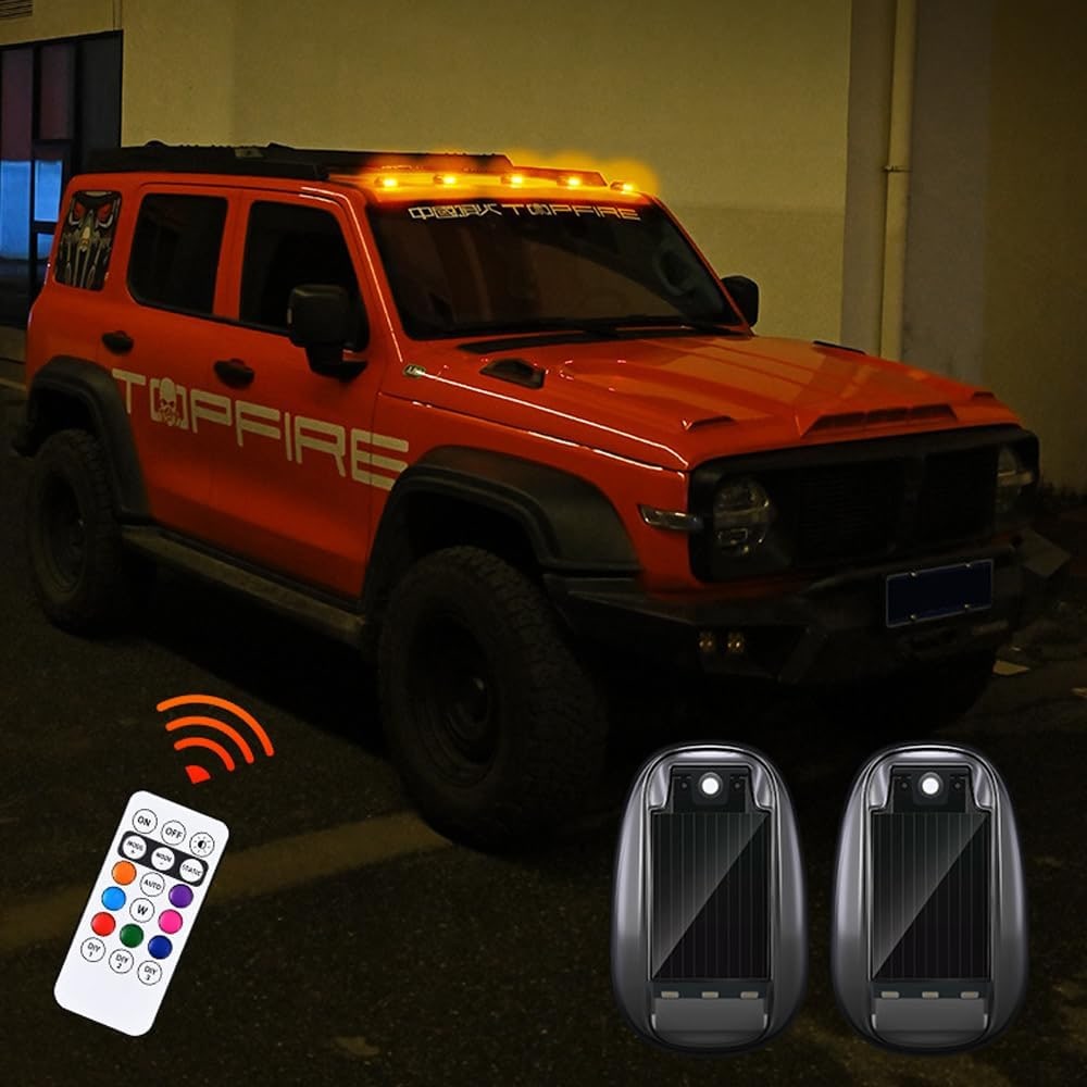 Solar rock lights for trucks featuring wireless remote control, designed for eco-friendly adhesive installation, illuminating outdoor adventures with vibrant LED lighting. 6