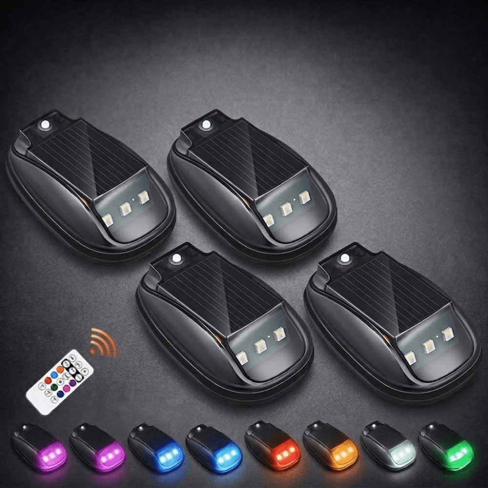 Solar rock lights for trucks featuring wireless remote control, designed for eco-friendly adhesive installation, illuminating outdoor adventures with vibrant LED lighting. 9