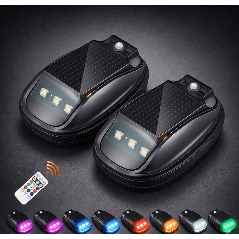 Solar rock lights for trucks featuring wireless remote control, designed for eco-friendly adhesive installation, illuminating outdoor adventures with vibrant LED lighting. 7