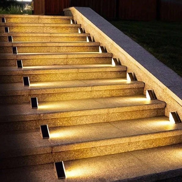 Solar stair lights designed for outdoor use, featuring automatic illumination for enhanced safety on pathways and gardens, compact design for easy installation. 0