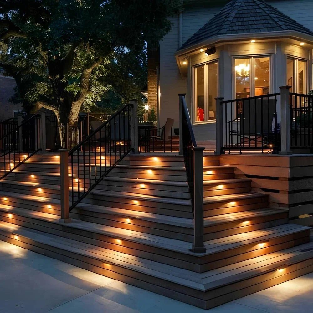 Solar step lights for outdoor use, featuring a compact design in brown or black housing, sold in an 8 pack, ideal for illuminating pathways and enhancing 0