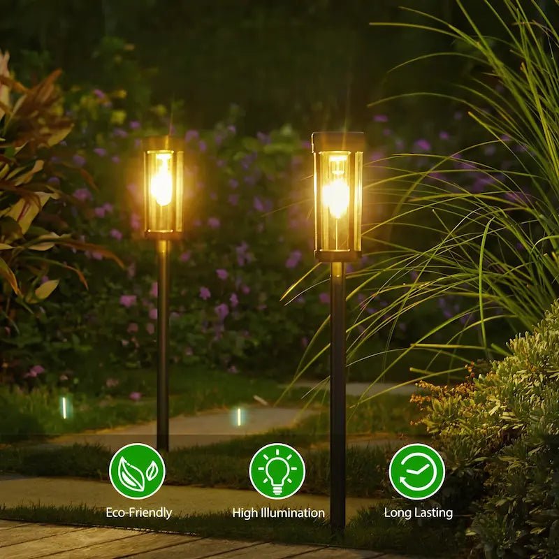Solar torch lights outdoor with flickering flame effect, designed for garden and yard pathways, featuring a sleek black finish for stylish outdoor lighting. 5