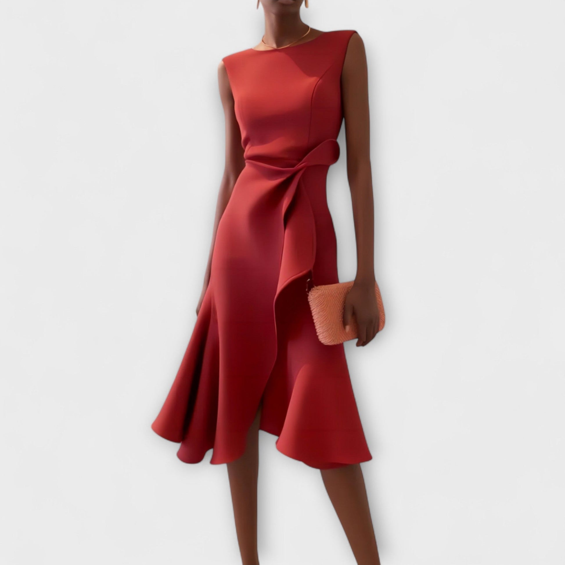 Sophisticated midi dress featuring an asymmetric detail and a stylish sleeveless design, perfect for elegant occasions. 0