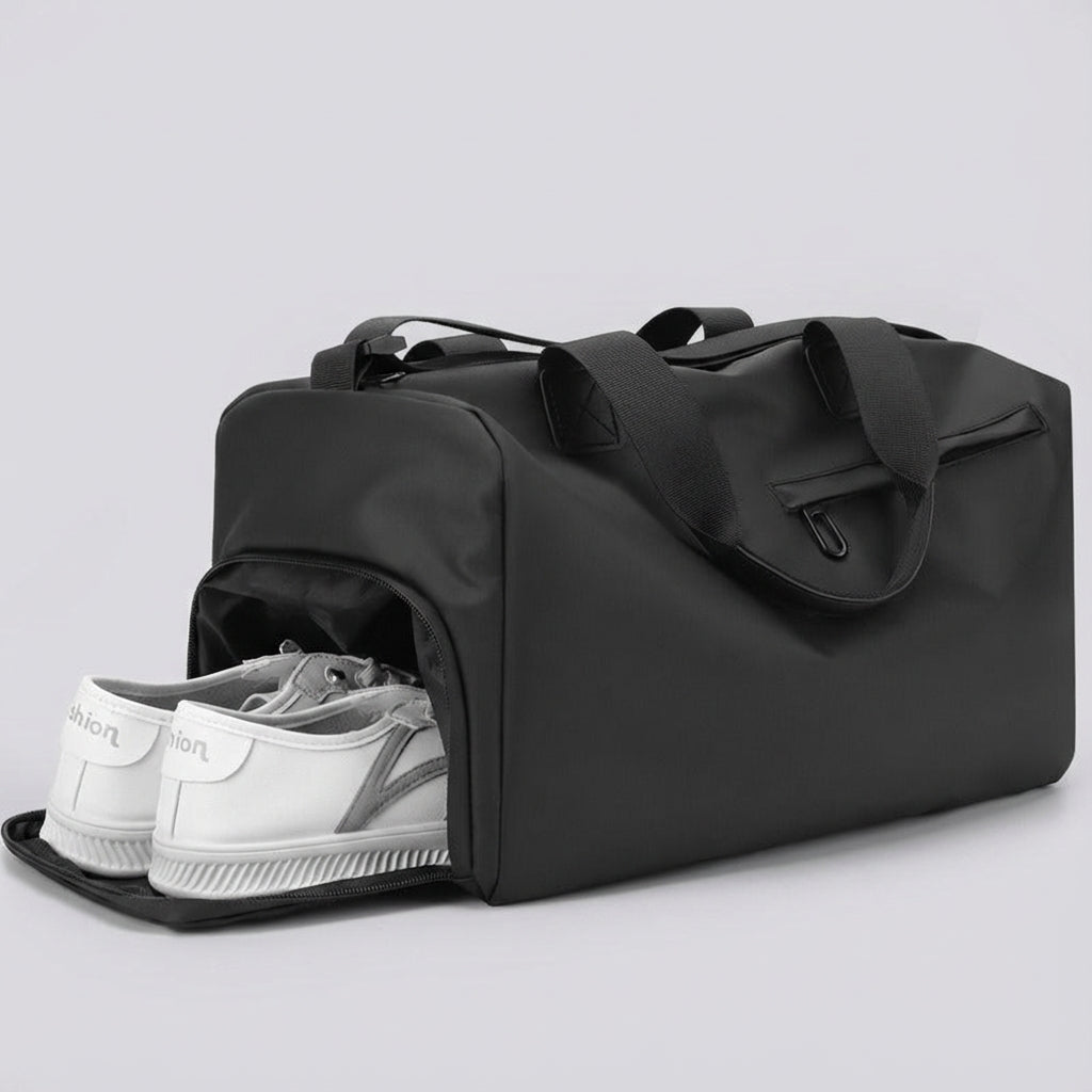 Spacious waterproof travel bag with adjustable strap, made from durable fabric, perfect for weekend getaways.

 4