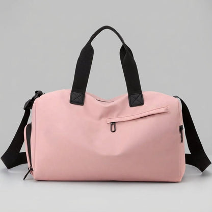 Spacious waterproof travel bag with adjustable strap, made from durable fabric, perfect for weekend getaways.

 7