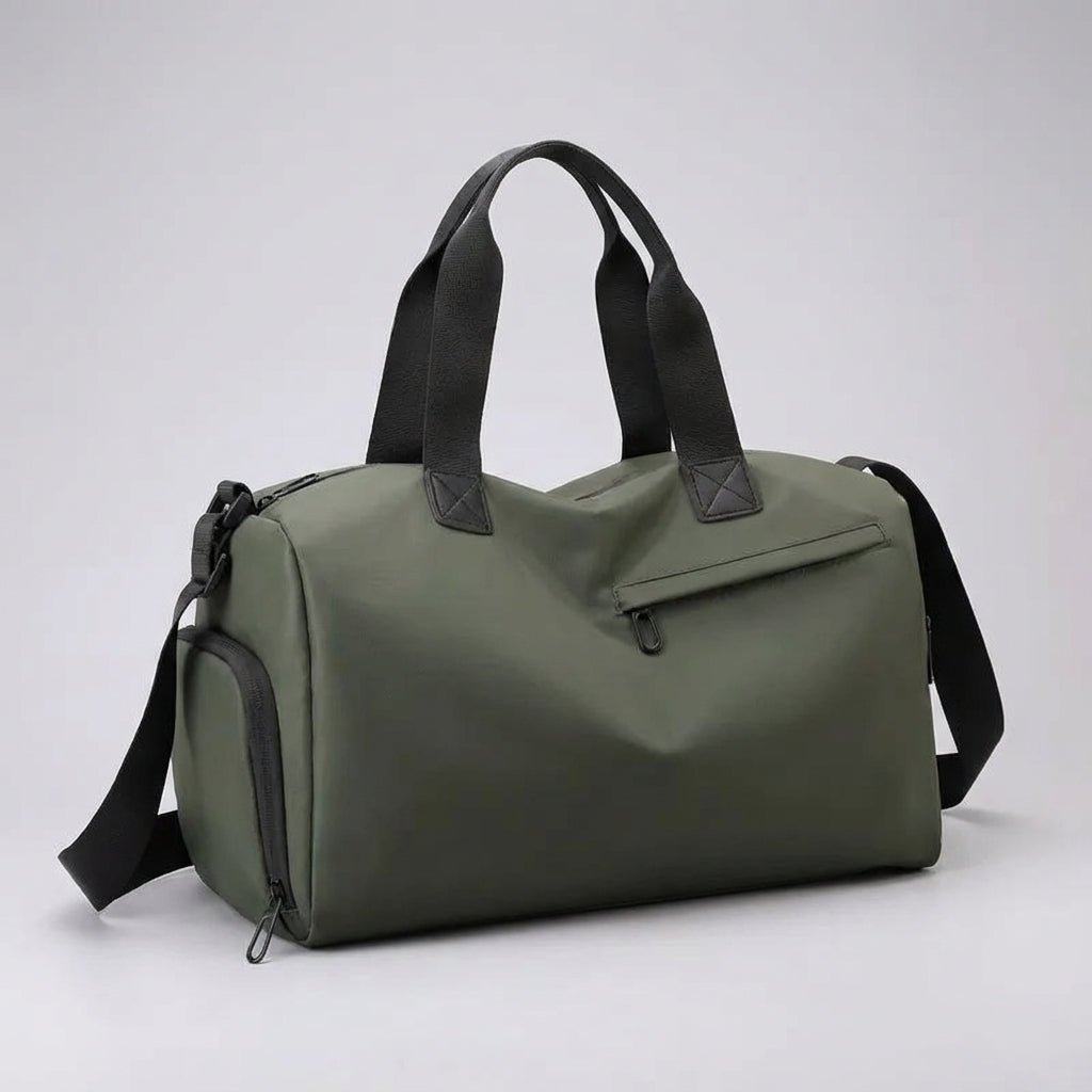 Spacious waterproof travel bag with adjustable strap, made from durable fabric, perfect for weekend getaways.

 2