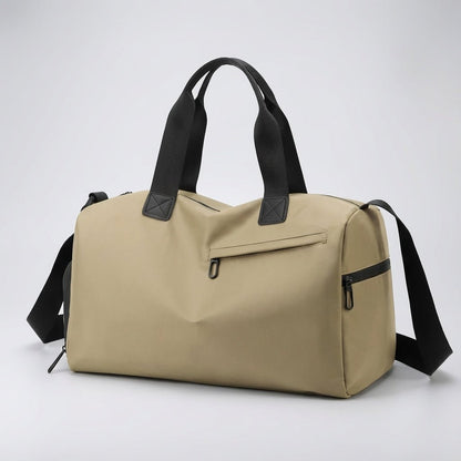 Spacious waterproof travel bag with adjustable strap, made from durable fabric, perfect for weekend getaways.

 6