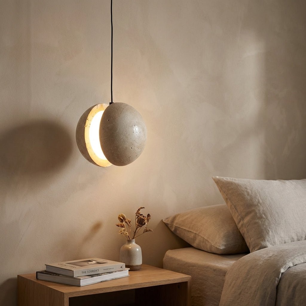Spherical Hanging Lamp with LED Light featuring a compact natural stone design, perfect for enhancing modern interiors with stylish illumination. 1