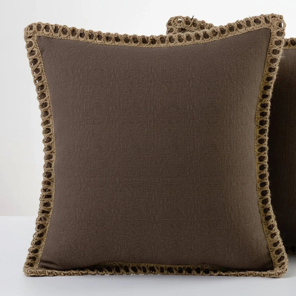 Square decorative cushion cover featuring a delicate crocheted trim, crafted from soft fabric in a French style, washable, and available in 12 vibrant colors. 3