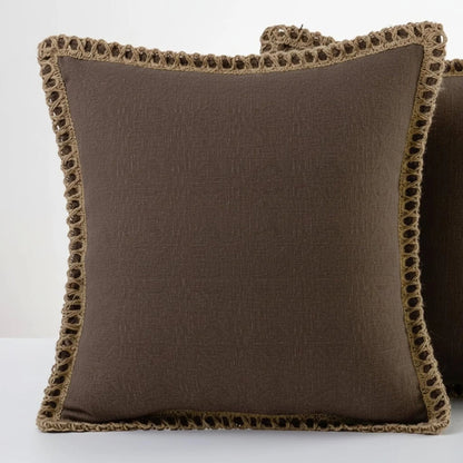 Square decorative cushion cover featuring a delicate crocheted trim, crafted from soft fabric in a French style, washable, and available in 12 vibrant colors. 3
