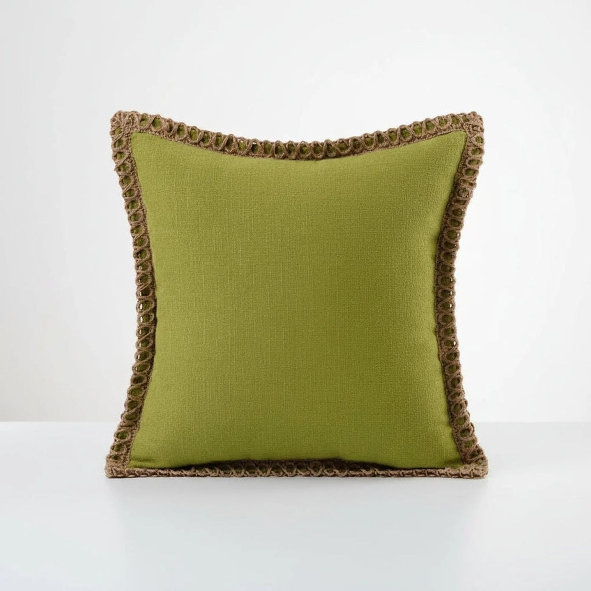 Square decorative cushion cover featuring a delicate crocheted trim, crafted from soft fabric in a French style, washable, and available in 12 vibrant colors. 1